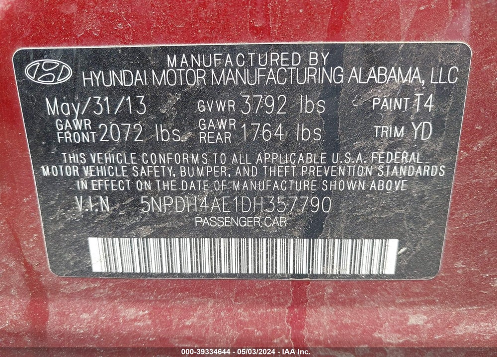 2013 HYUNDAI ELANTRA VIN: 5NPDH4AE1DH357790