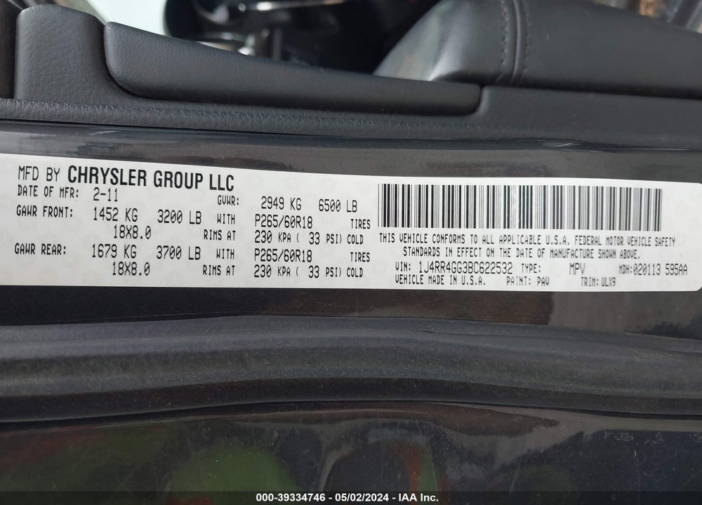 2011 JEEP GRAND CHEROKEE VIN: 1J4RR4GG3BC622532