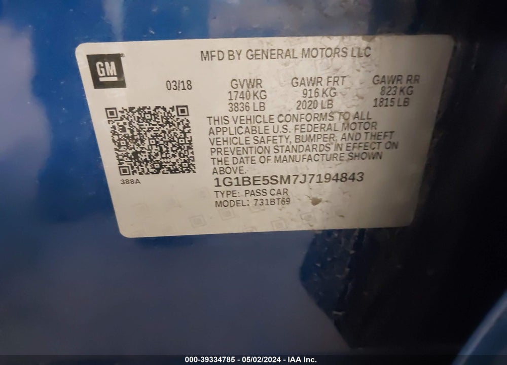 2018 CHEVROLET CRUZE LT AUTO VIN: 1G1BE5SM7J7194843