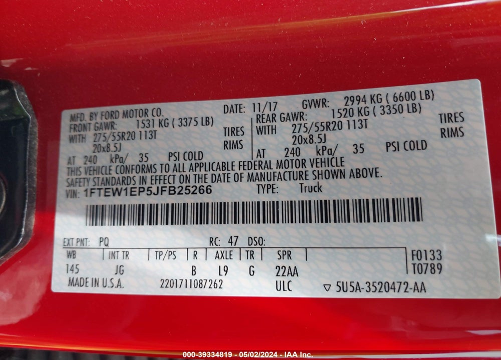 2018 FORD F-150 XL VIN: 1FTEW1EP5JFB25266