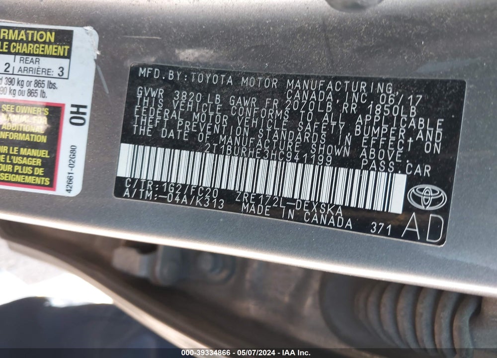 2017 TOYOTA COROLLA SE VIN: 2T1BURHE3HC941199