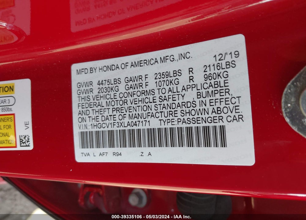 2020 HONDA ACCORD SPORT VIN: 1HGCV1F3XLA047171