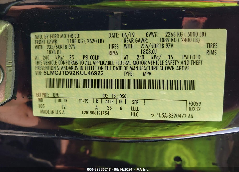 2019 LINCOLN MKC STANDARD VIN: 5LMCJ1D92KUL46922