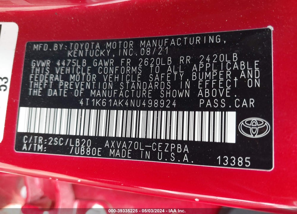 2022 TOYOTA CAMRY XSE VIN: 4T1K61AK4NU498924