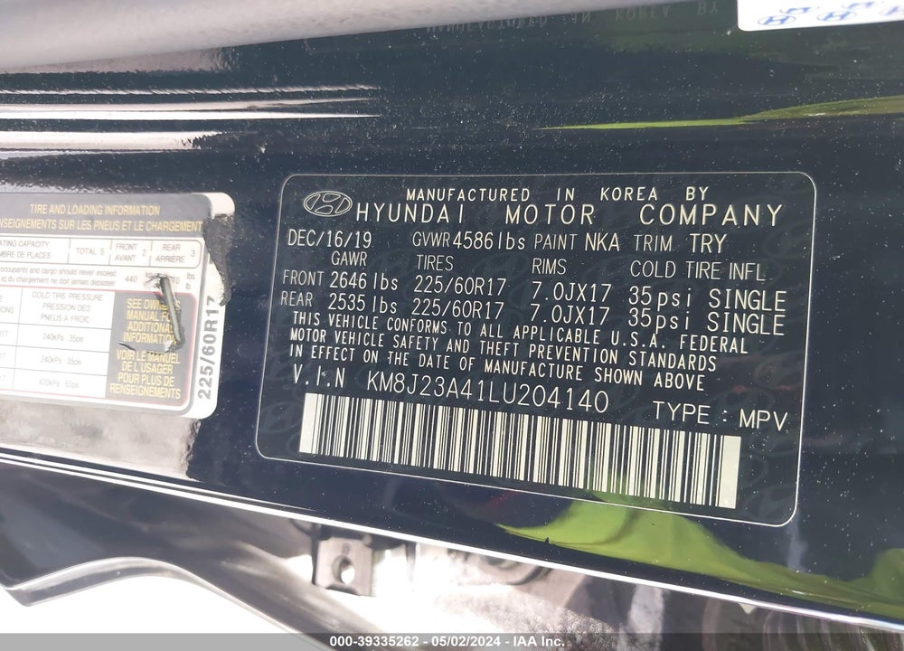 2020 HYUNDAI TUCSON VIN: KM8J23A41LU204140
