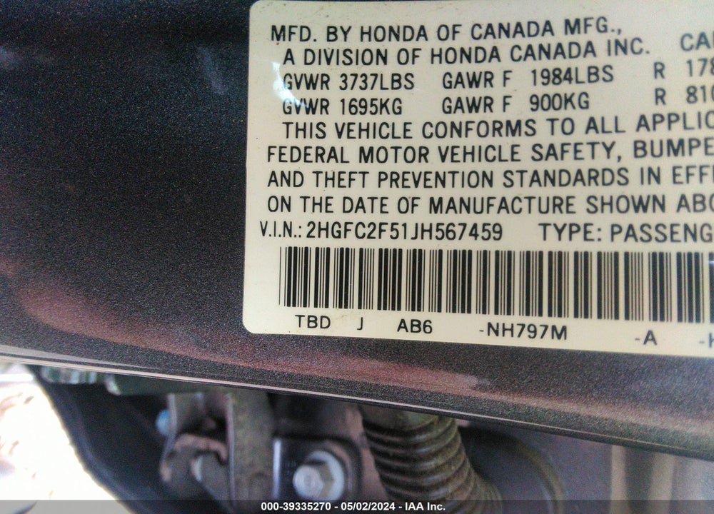 2018 HONDA CIVIC LX VIN: 2HGFC2F51JH567459