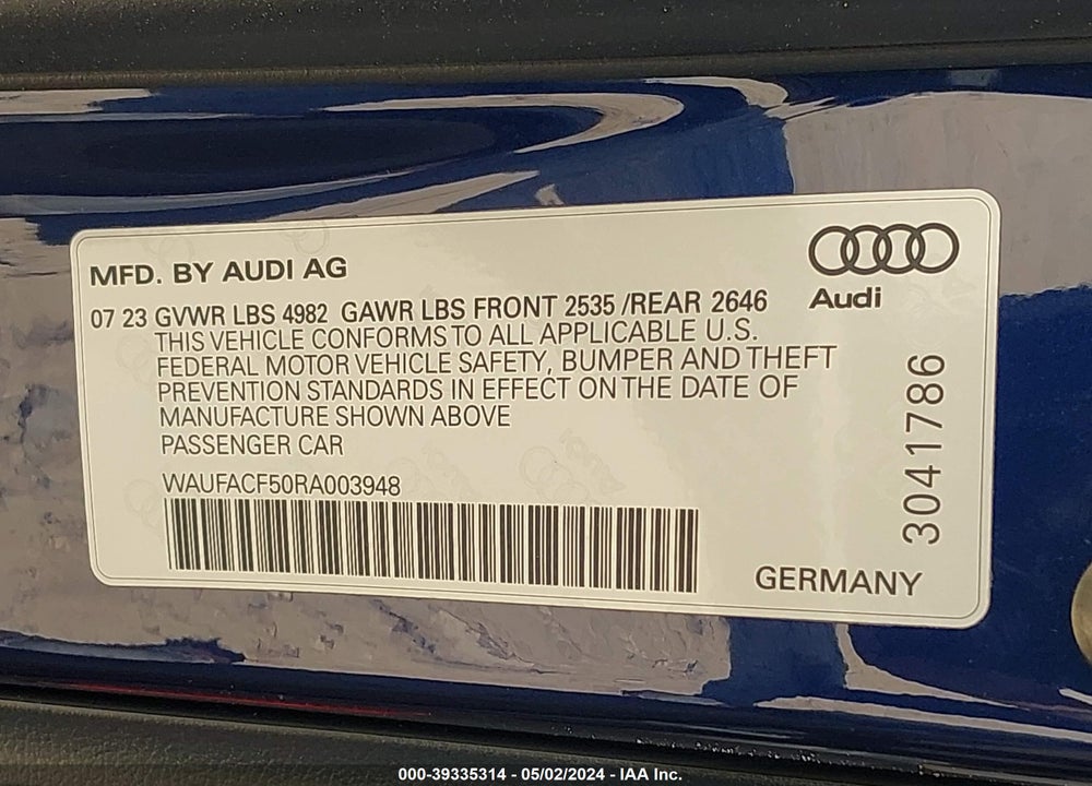 2024 AUDI A5 SPORTBACK PREMIUM PLUS 45 TFSI QUATTRO S TRONIC VIN: WAUFACF50RA003948
