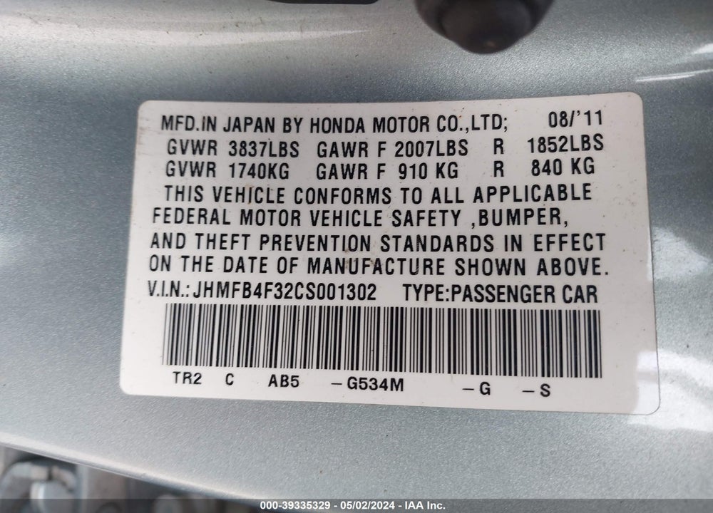 2012 HONDA CIVIC HYBRID VIN: JHMFB4F32CS001302