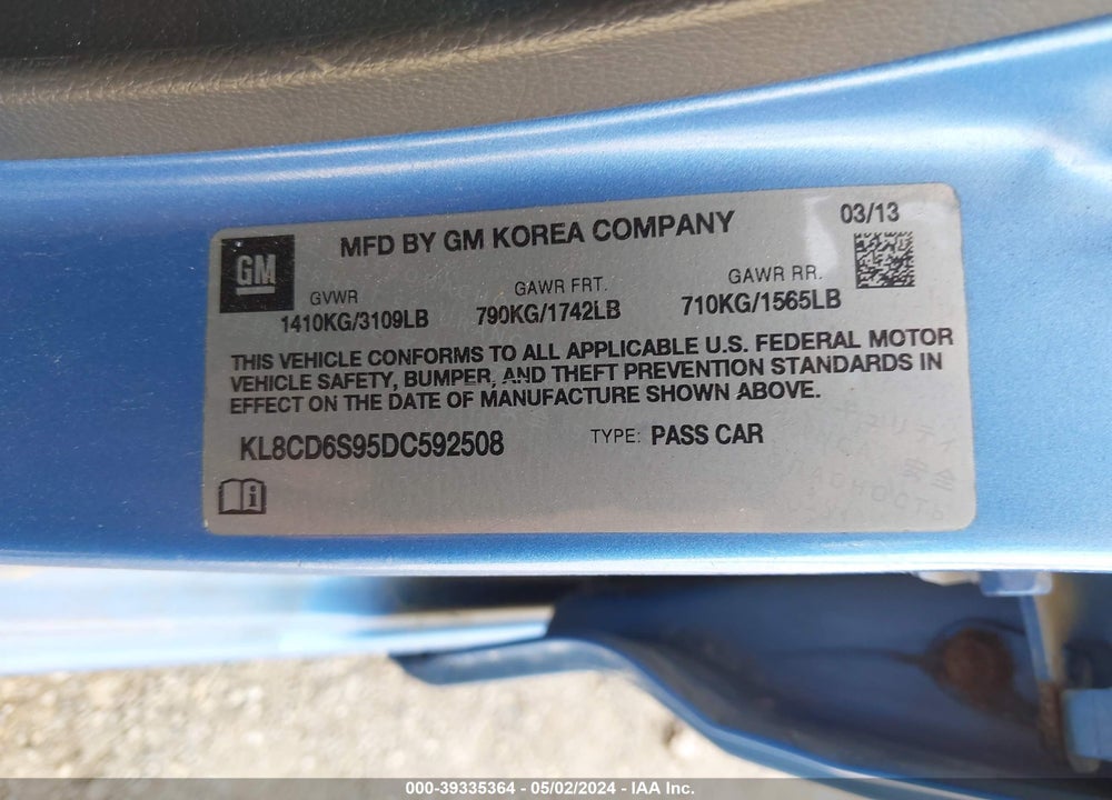 2013 CHEVROLET SPARK VIN: KL8CD6S95DC592508