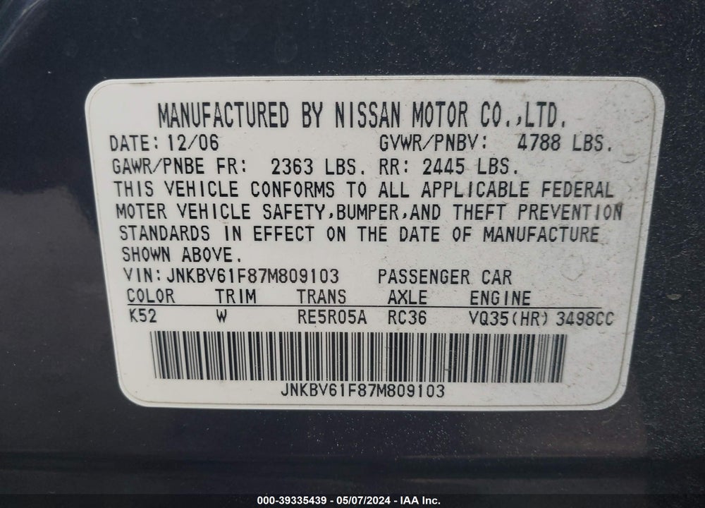 2007 INFINITI G35X VIN: JNKBV61F87M809103