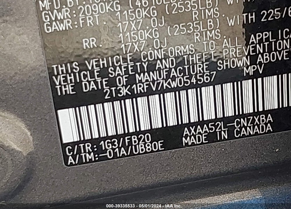 2019 TOYOTA RAV4 LE VIN: 2T3K1RFV7KW054567