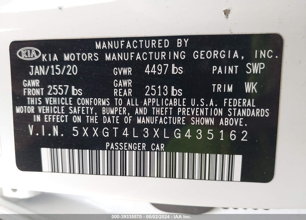 2020 KIA OPTIMA LX VIN: 5XXGT4L3XLG435162
