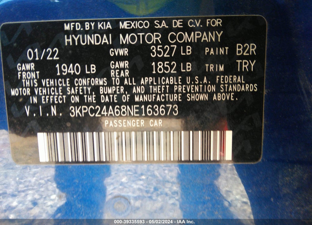 2022 HYUNDAI ACCENT SE VIN: 3KPC24A68NE163673