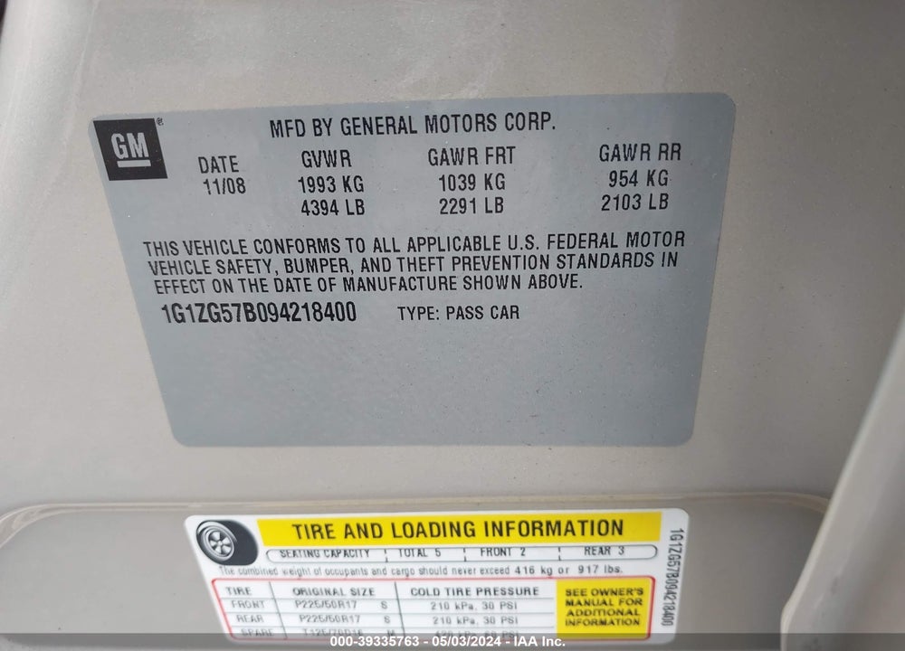 2009 CHEVROLET MALIBU LS VIN: 1G1ZG57B094218400