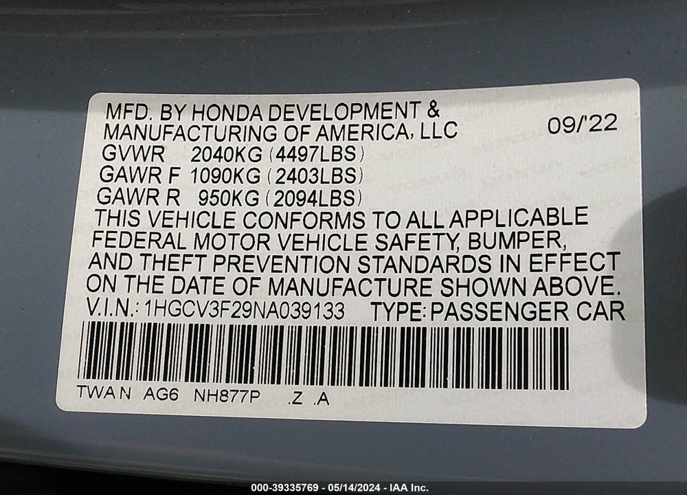 2022 HONDA ACCORD HYBRID SPORT VIN: 1HGCV3F29NA039133