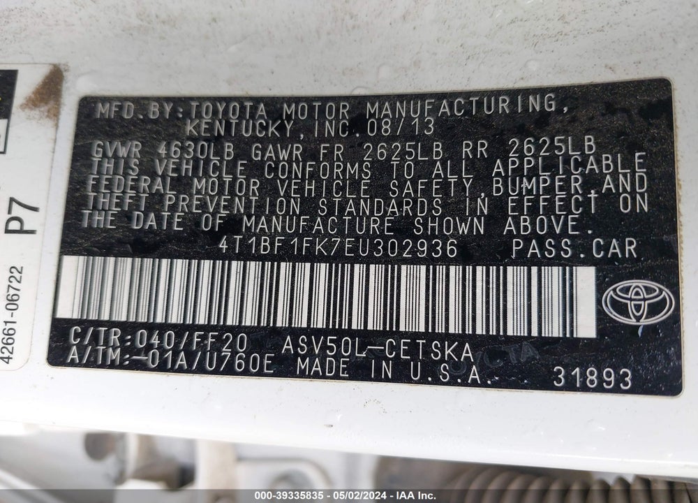 2014 TOYOTA CAMRY SE VIN: 4T1BF1FK7EU302936