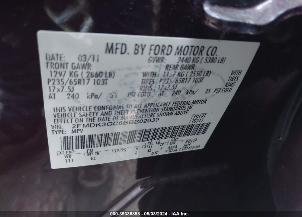 2011 FORD EDGE SE VIN: 2FMDK3GC6BBB02039
