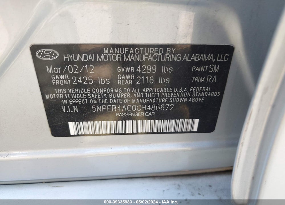2012 HYUNDAI SONATA GLS VIN: 5NPEB4AC0CH486672