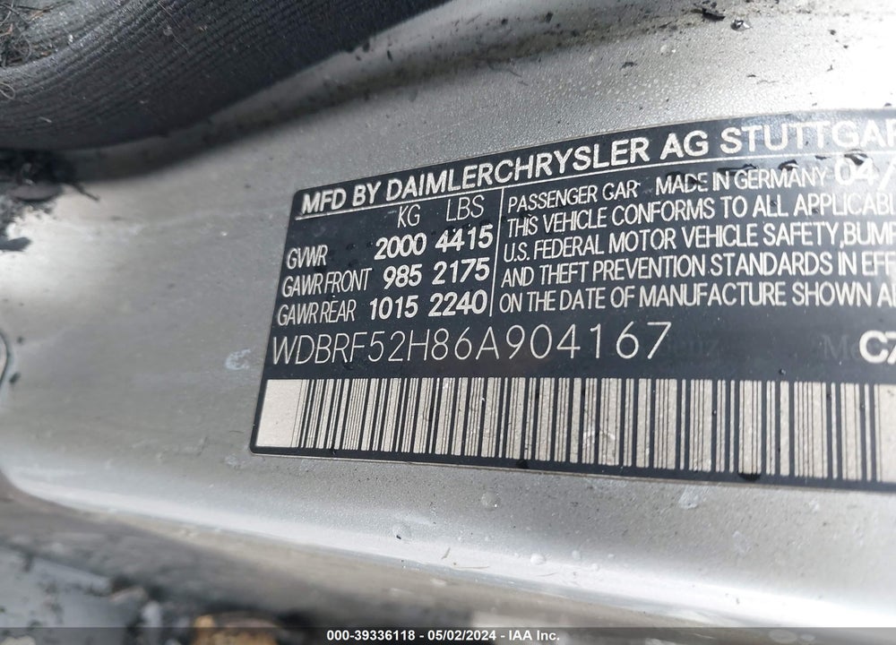 2006 MERCEDES-BENZ C 230 SPORT VIN: WDBRF52H86A904167