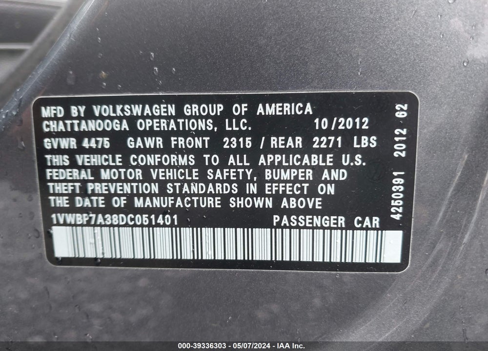 2013 VOLKSWAGEN PASSAT 2.5L SE VIN: 1VWBP7A38DC051401