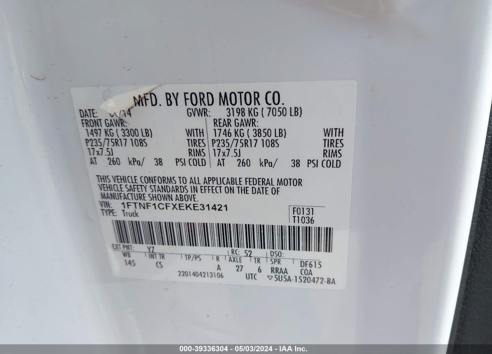 2014 FORD F-150 XL VIN: 1FTNF1CFXEKE31421
