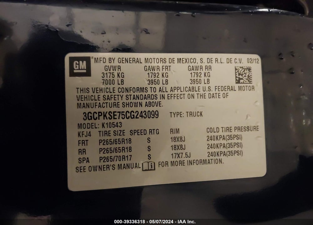 2012 CHEVROLET SILVERADO 1500 LT VIN: 3GCPKSE75CG243099