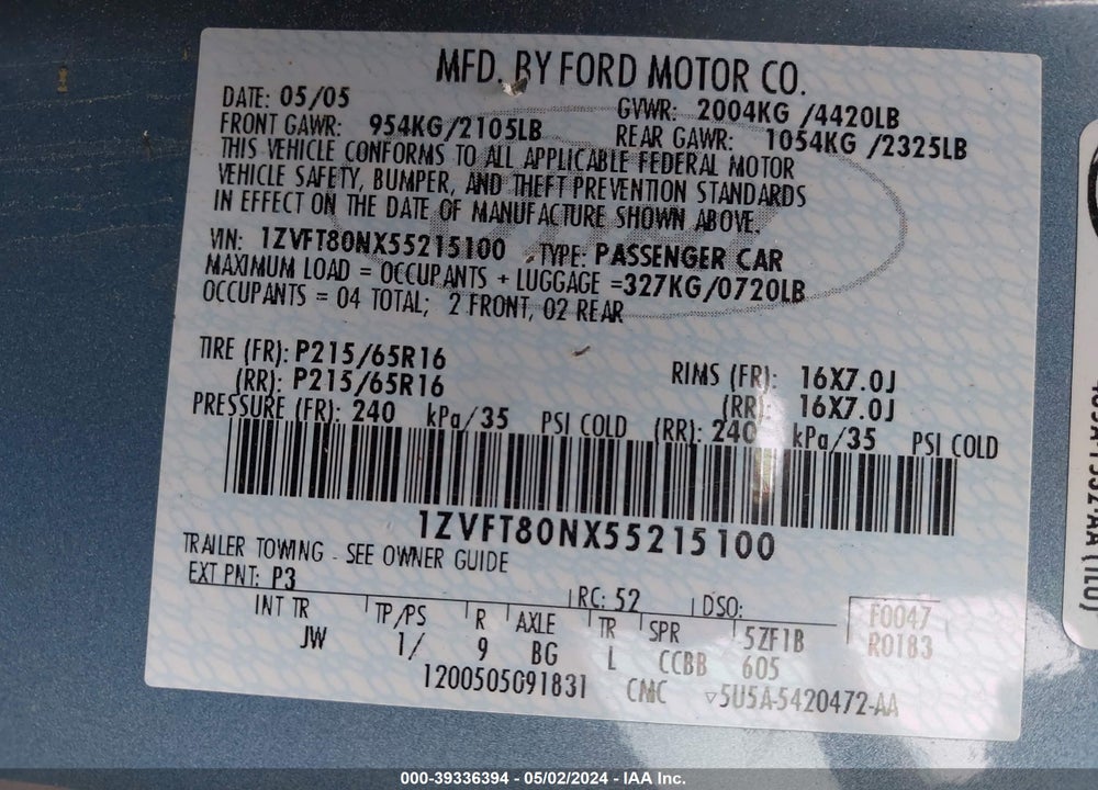 2005 FORD MUSTANG V6 DELUXE/V6 PREMIUM VIN: 1ZVFT80NX55215100