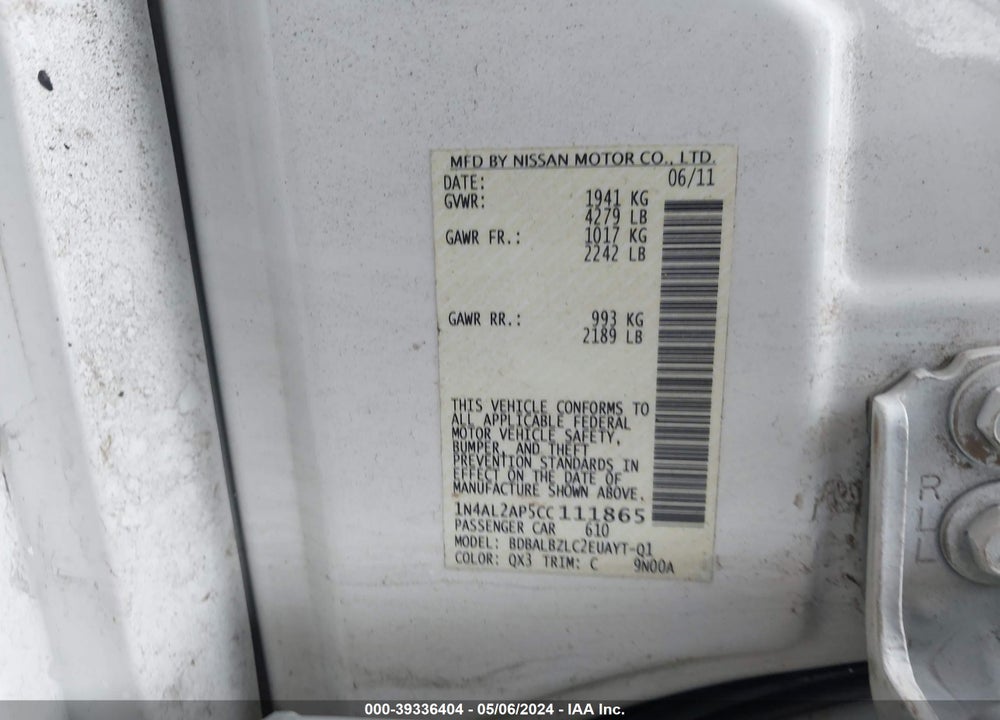 2012 NISSAN ALTIMA 2.5 S VIN: 1N4AL2AP5CC111865