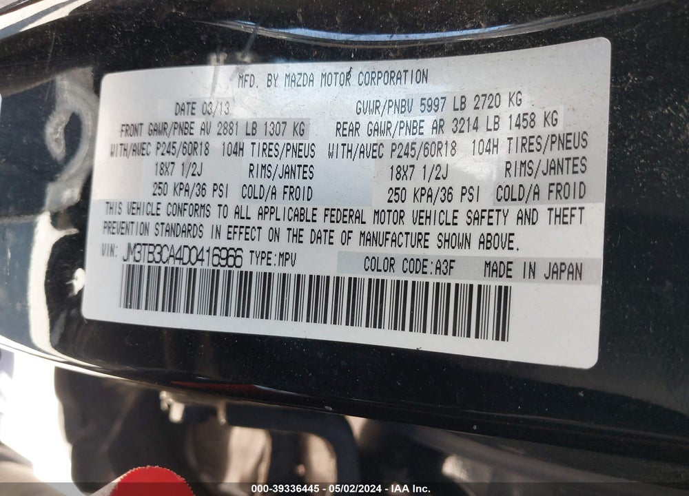 2013 MAZDA CX-9 TOURING VIN: JM3TB3CA4D0416966
