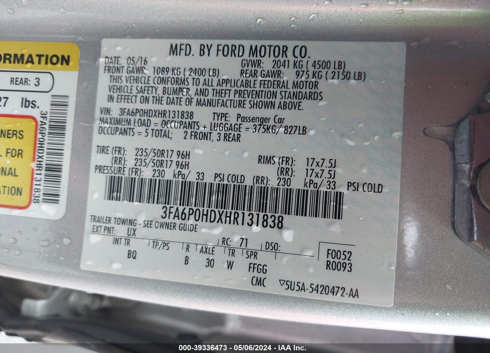 2017 FORD FUSION SE VIN: 3FA6P0HDXHR131838