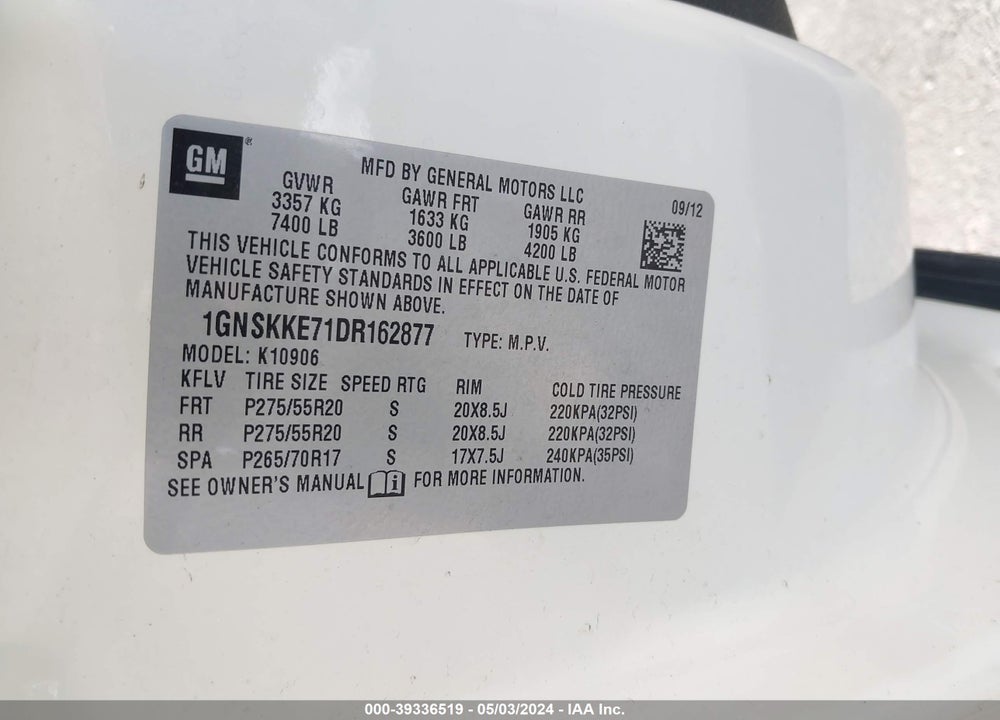 2013 CHEVROLET SUBURBAN 1500 LTZ VIN: 1GNSKKE71DR162877
