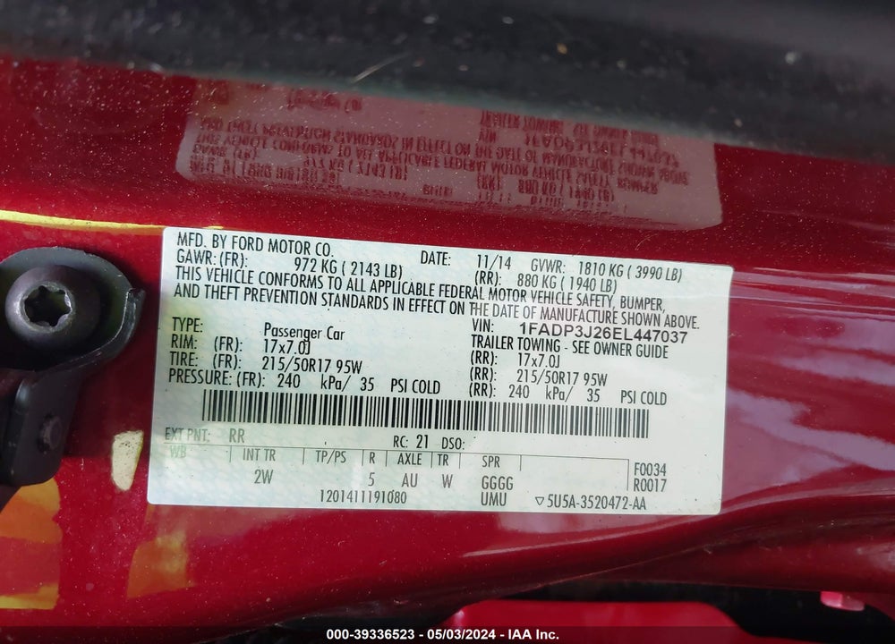 2014 FORD FOCUS TITANIUM VIN: 1FADP3J26EL447037