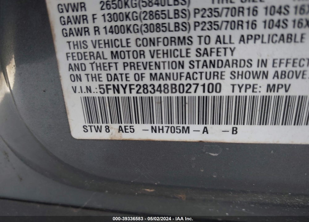 2008 HONDA PILOT SE VIN: 5FNYF28348B027100