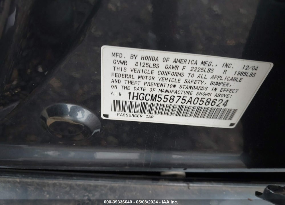 2005 HONDA ACCORD 2.4 EX VIN: 1HGCM55875A058624