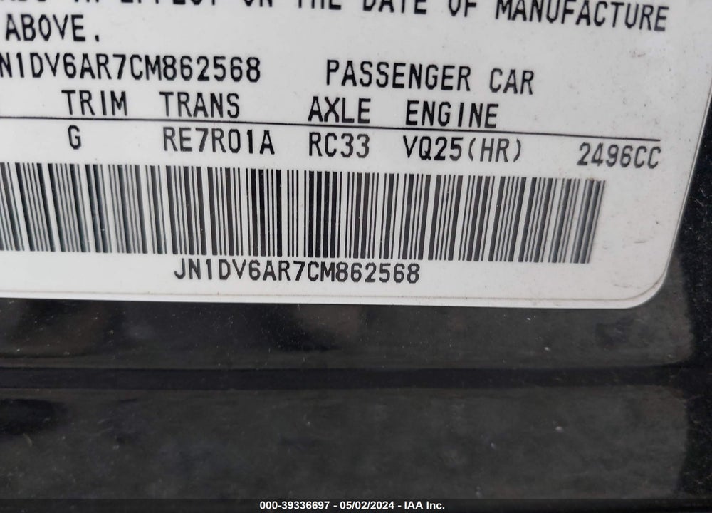 2012 INFINITI G25X VIN: JN1DV6AR7CM862568