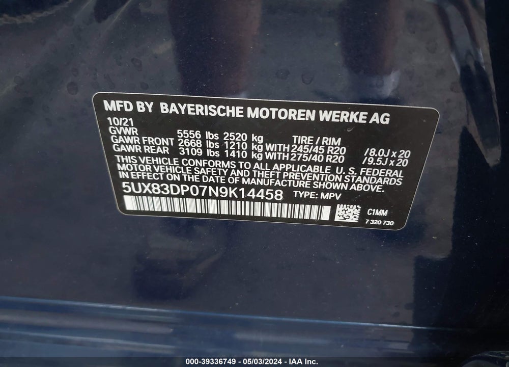 2022 BMW X3 M40I VIN: 5UX83DP07N9K14458
