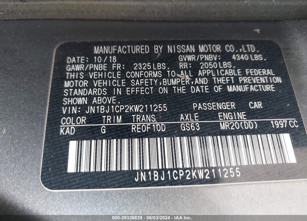 2019 NISSAN ROGUE SPORT S VIN: JN1BJ1CP2KW211255