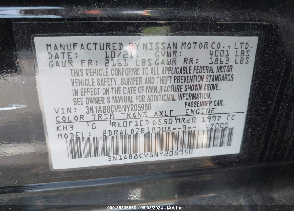 2022 NISSAN SENTRA SV XTRONIC CVT VIN: 3N1AB8CV5NY205950