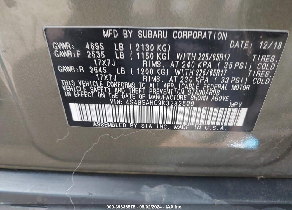2019 SUBARU OUTBACK 2.5I PREMIUM VIN: 4S4BSAHC9K3282529