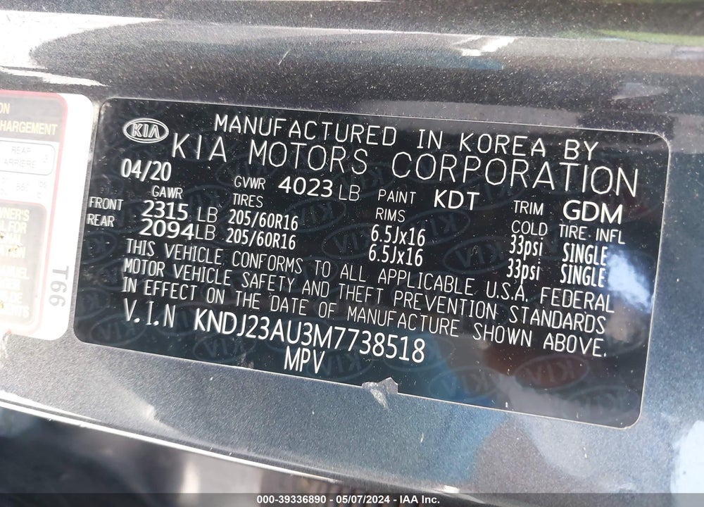 2021 KIA SOUL VIN: KNDJ23AU3M7738518