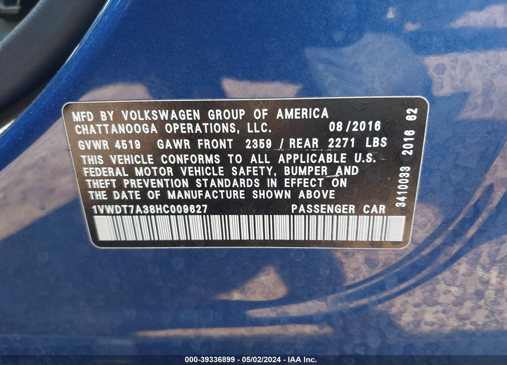 2017 VOLKSWAGEN PASSAT 1.8T R-LINE VIN: 1VWDT7A38HC009627