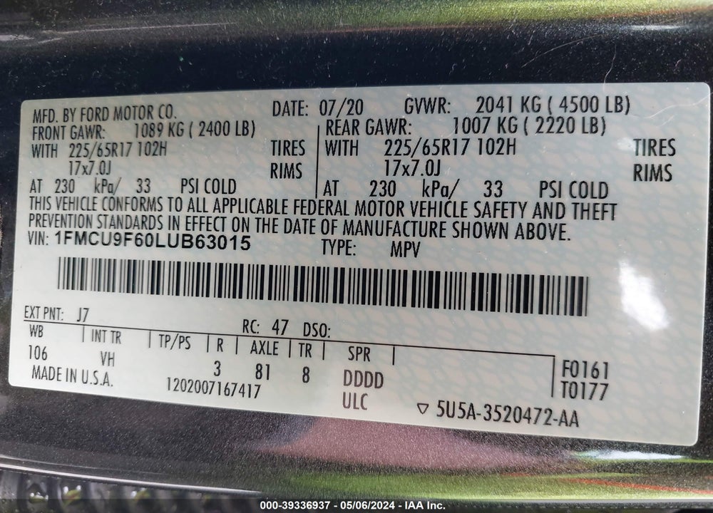 2020 FORD ESCAPE S VIN: 1FMCU9F60LUB63015