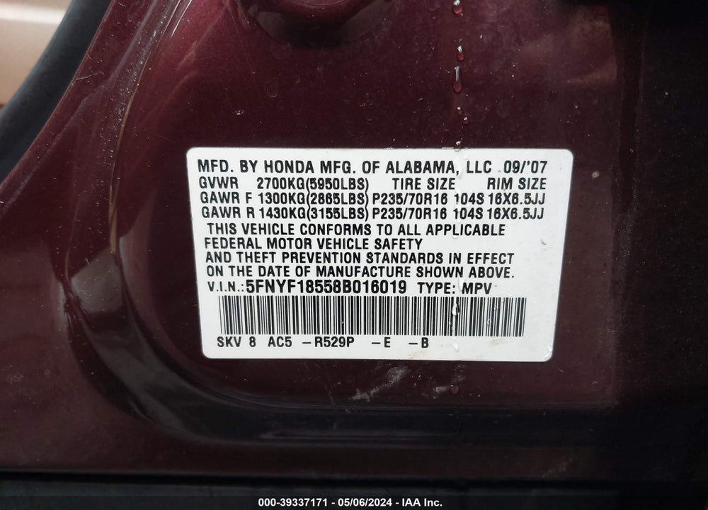 2008 HONDA PILOT EX-L VIN: 5FNYF18558B016019