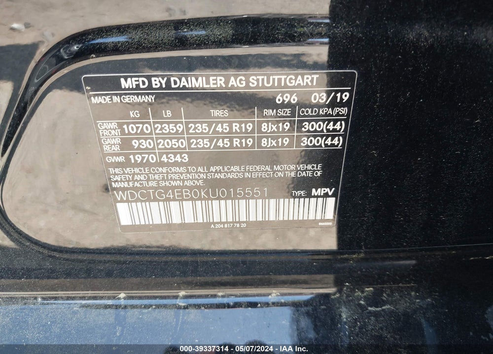 2019 MERCEDES-BENZ GLA 250 VIN: WDCTG4EB0KU015551