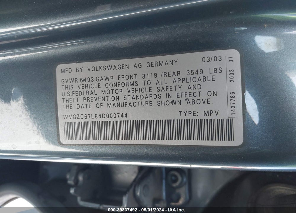 2004 VOLKSWAGEN TOUAREG V6 VIN: WVGZC67L84D000744