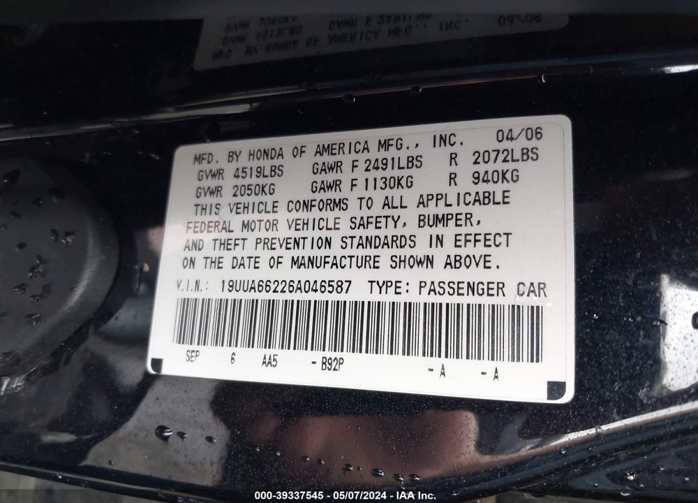 2006 ACURA TL VIN: 19UUA66226A046587