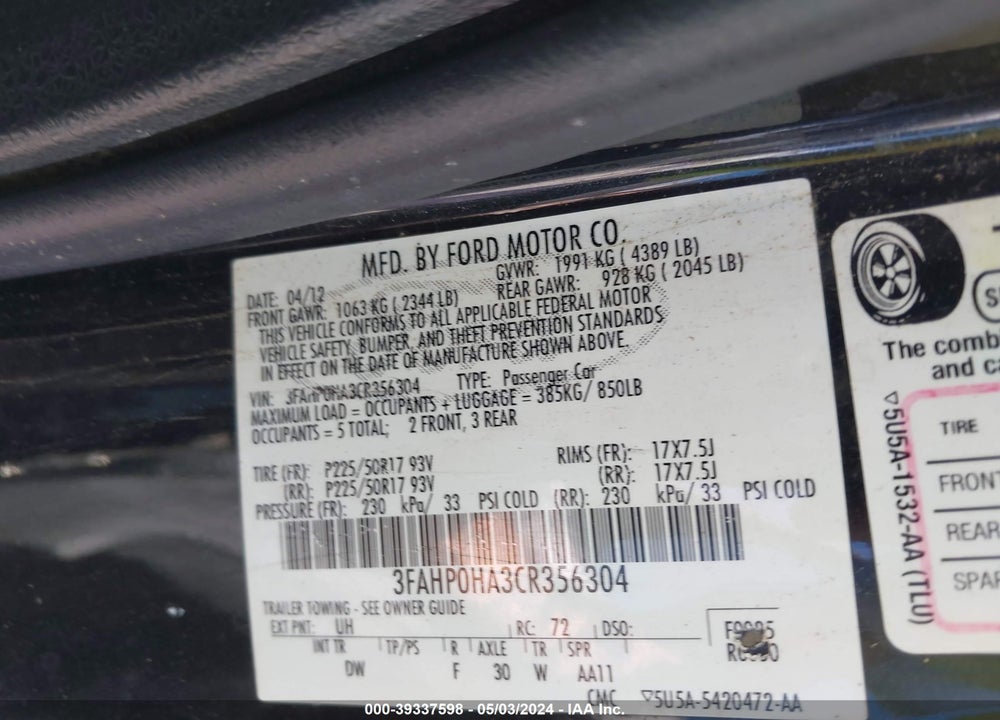 2012 FORD FUSION SE VIN: 3FAHP0HA3CR356304