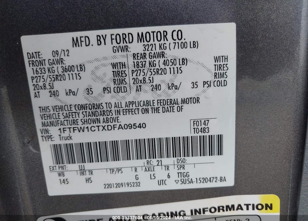2013 FORD F-150 LARIAT VIN: 1FTFW1CTXDFA09540