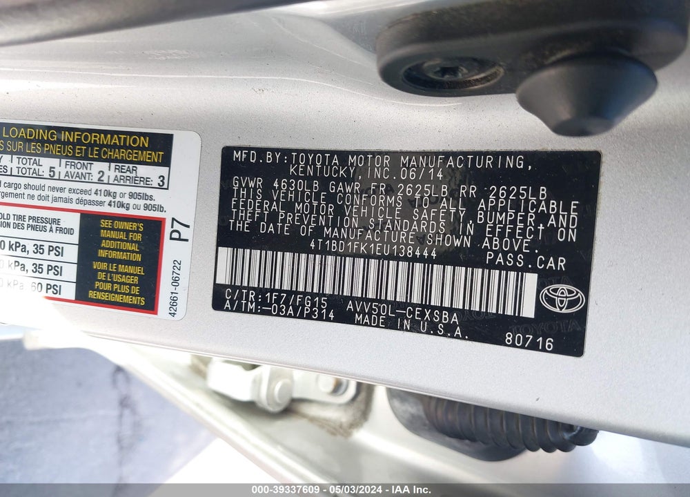 2014 TOYOTA CAMRY HYBRID SE LIMITED EDITION VIN: 4T1BD1FK1EU138444