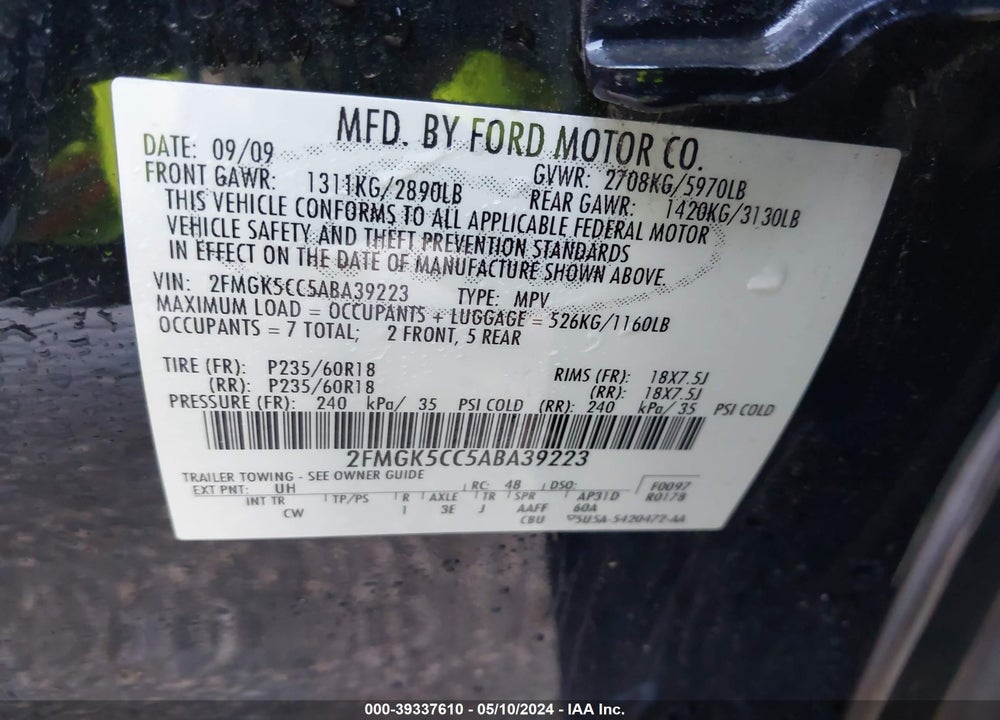2010 FORD FLEX SEL VIN: 2FMGK5CC5ABA39223